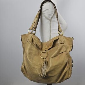 Fossil soft irradescent tan leather satchel purse with tassel and gold studs